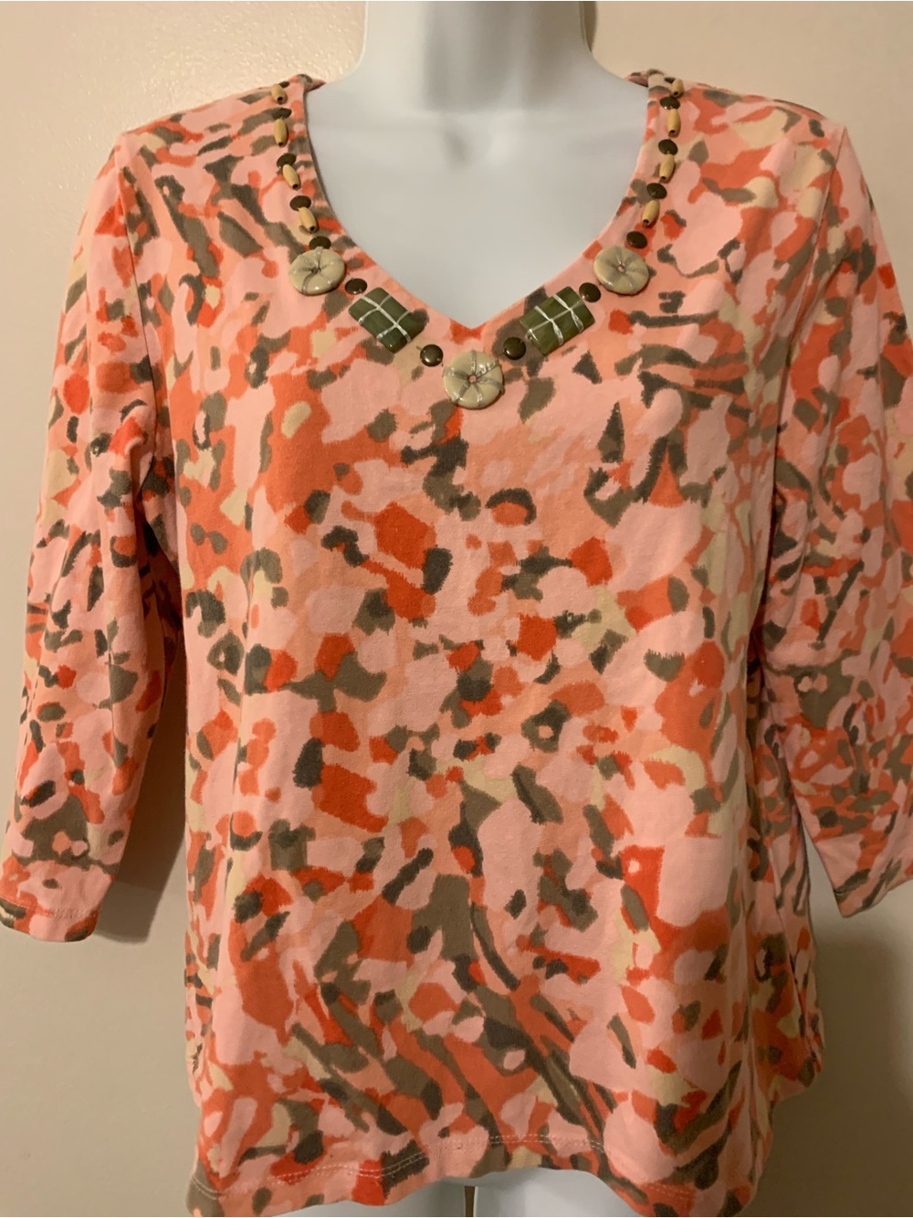 Ruby Rd. Coral, Pink & Olive V-Neck Embellished Tunic
